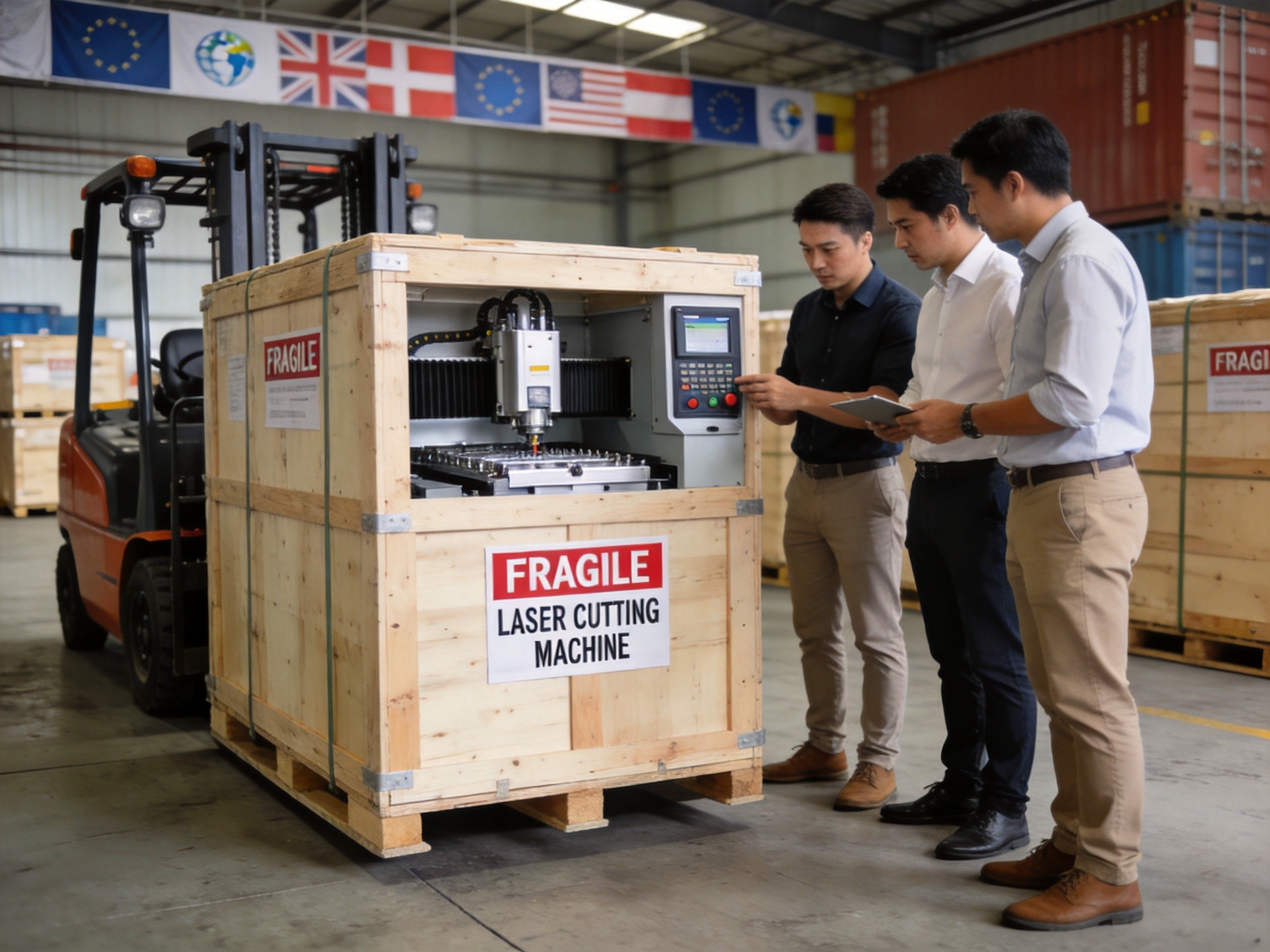 Transon Laser export-ready fiber laser cutting machines packaged for international delivery