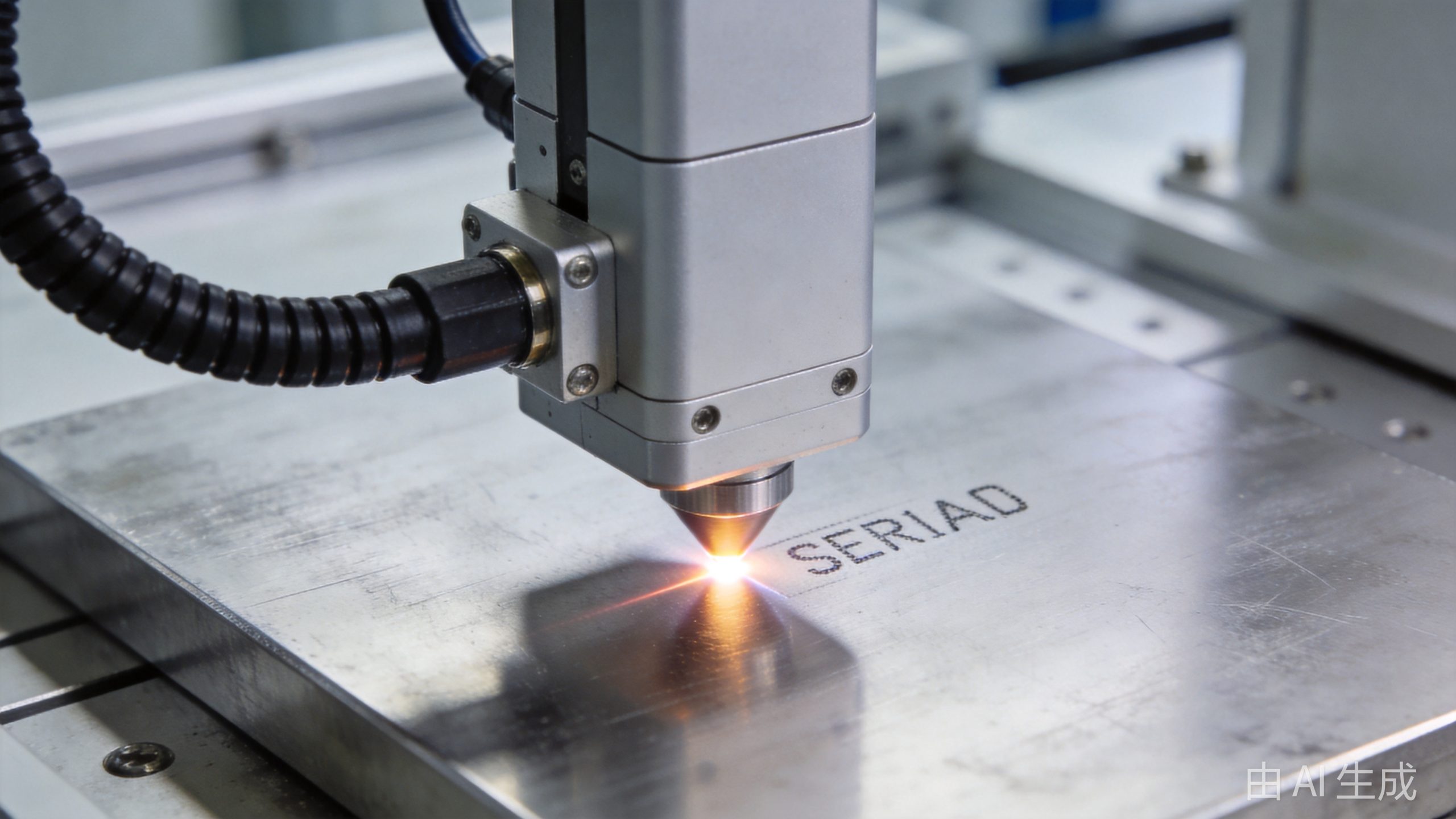 Fiber laser marking machine marking metal part in factory